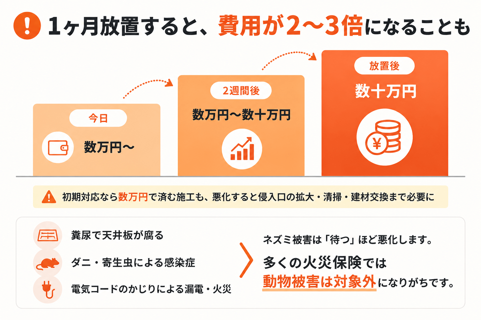 1ヶ月放置すると費用が2〜3倍になることも。糞尿で天井板が腐る・ダニや寄生虫による感染症・電気コードのかじりによる漏電や火災など、放置するほど悪化。火災保険では動物被害は対象外になりがち