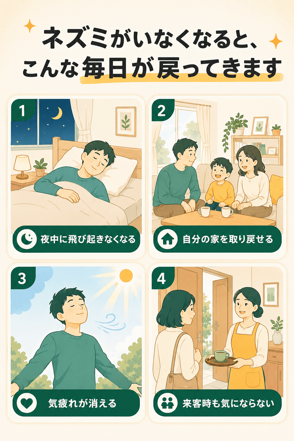 ネズミがいなくなると、こんな毎日が戻ってきます。夜中に飛び起きなくなる／自分の家を取り戻せる／気疲れが消える／来客時も気にならない