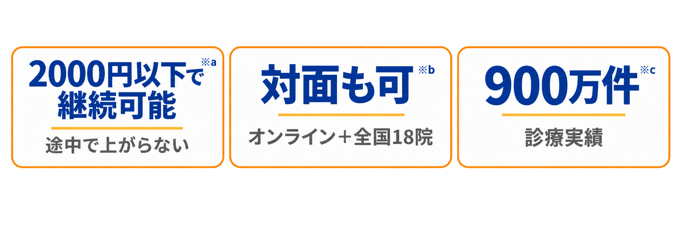 金額は12ヶ月同じ※a 途中で上がらない／対面も可※b 全国18院／900万件※c 実績