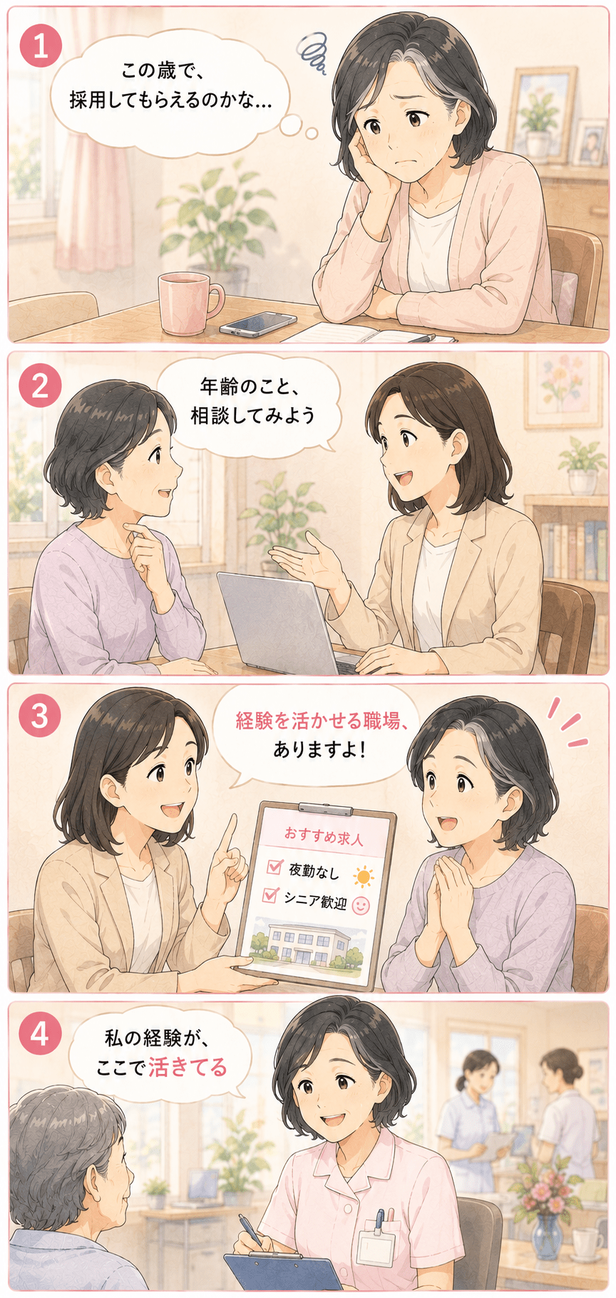 年齢的に採用されるか不安だったシニア看護師が、求人サービスに相談し、経験を活かせる職場で無理なく働けるようになる4コマ漫画