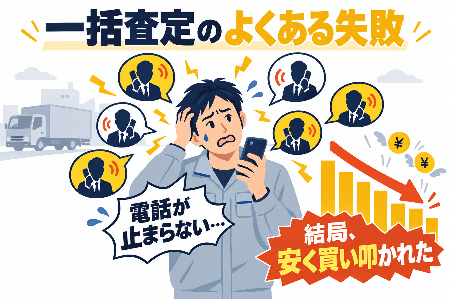 一括査定に申し込んだ後、複数の業者から電話が続き、安く買い叩かれてしまう様子の図
