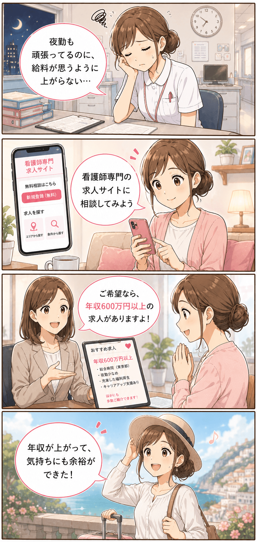 看護師専門の求人サイトを使って年収が上がり、理想の働き方を実現した看護師の4コマ漫画