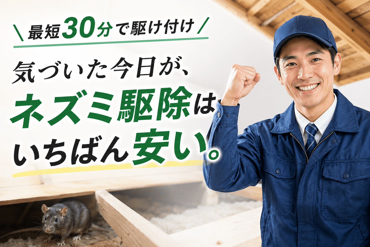 気づいた今日が、ネズミ駆除はいちばん安い。最短30分で駆け付け