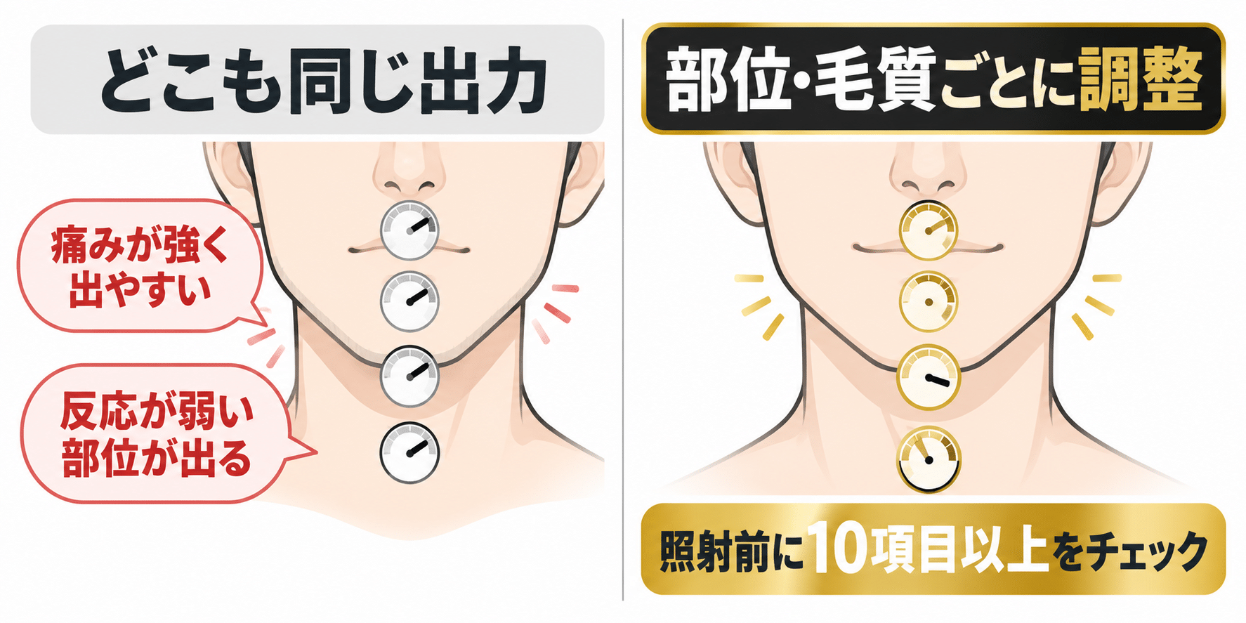 一律の出力と部位ごとの出力調整の違い
