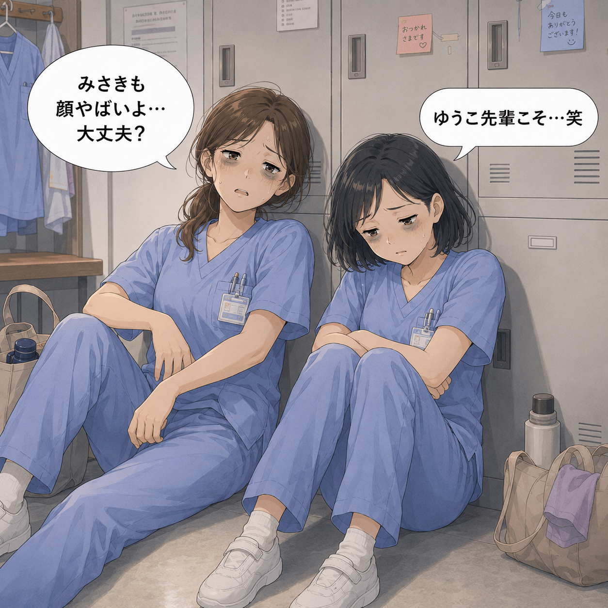 更衣室で同僚と慰め合う